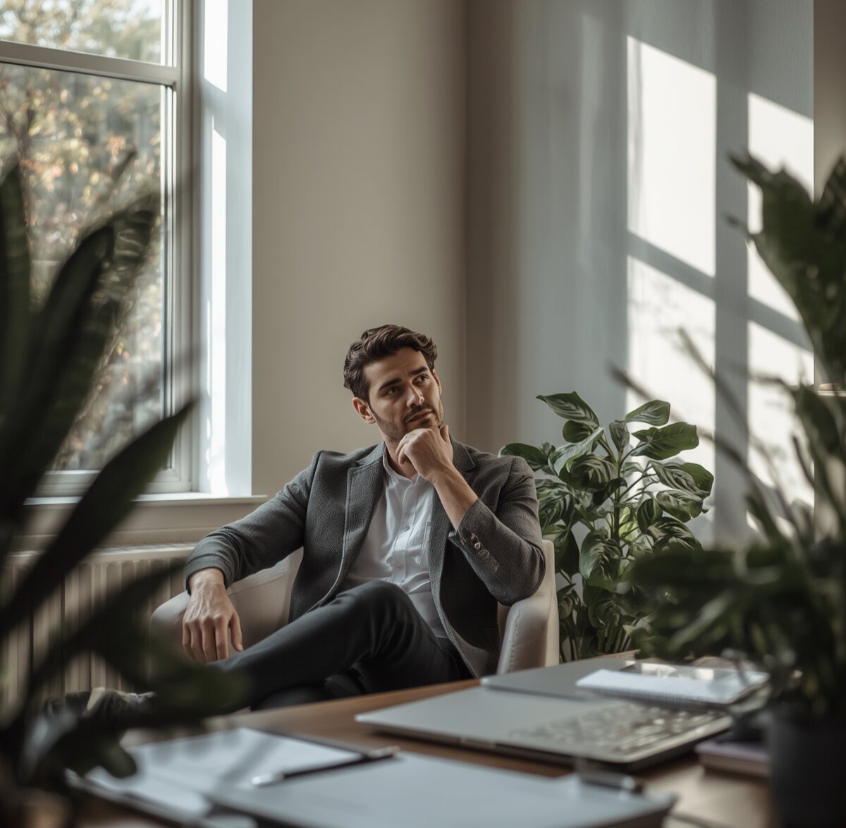 A real estate professional pausing in thought at a paper-covered desk in warm natural light.