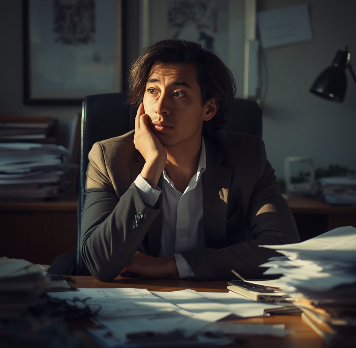 A professional at a desk stacked with papers, lit by a single warm light.