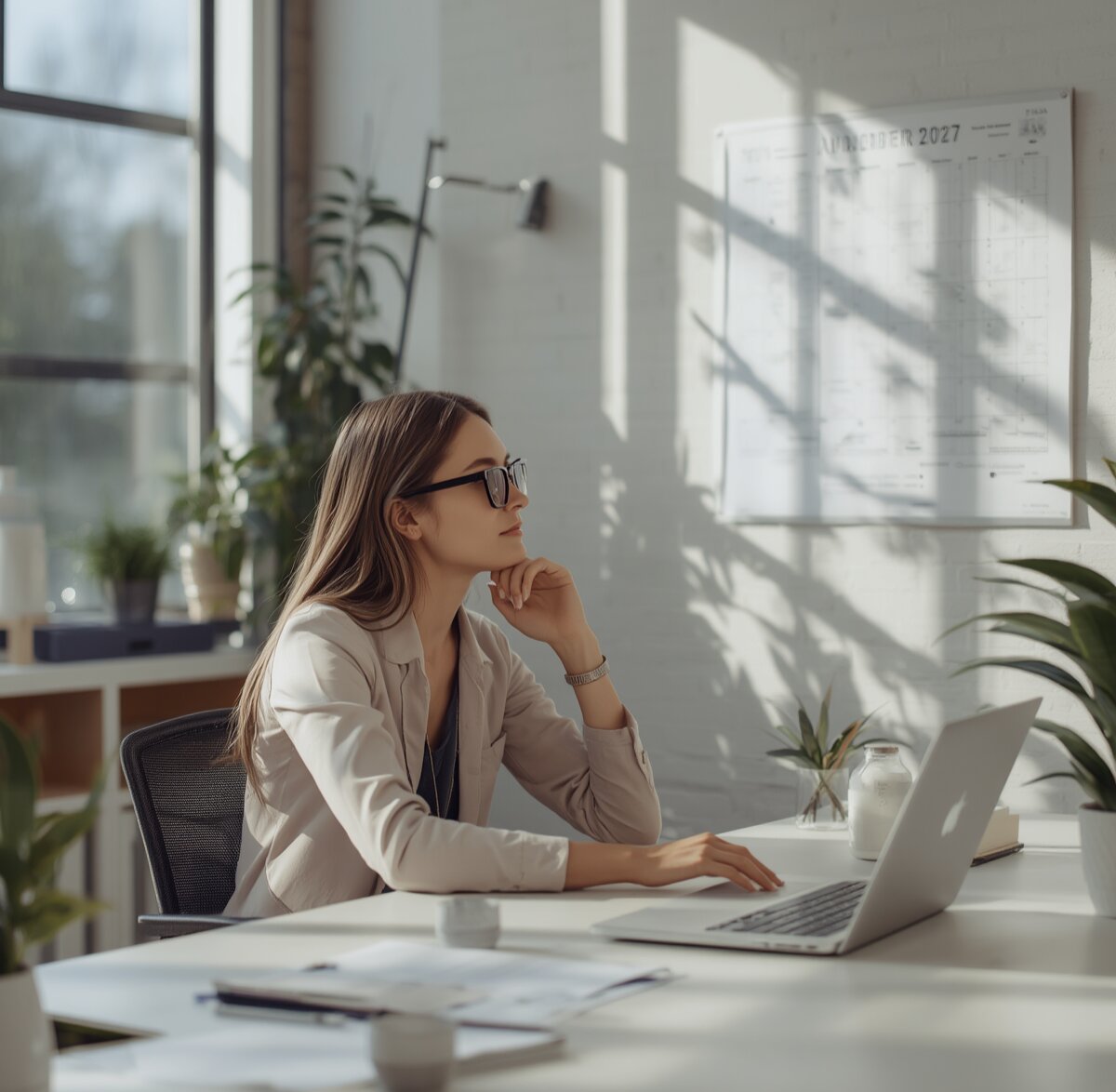 A professional at a sunlit desk beside a laptop, looking up mid-thought.