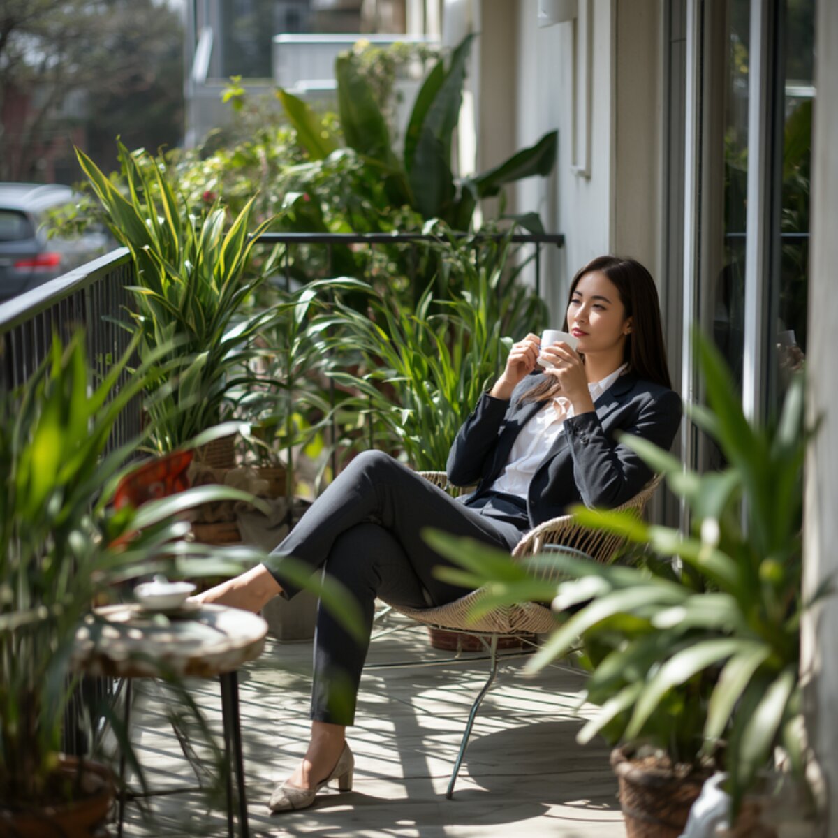A professional sitting with a coffee on a sunny, plant-filled balcony.