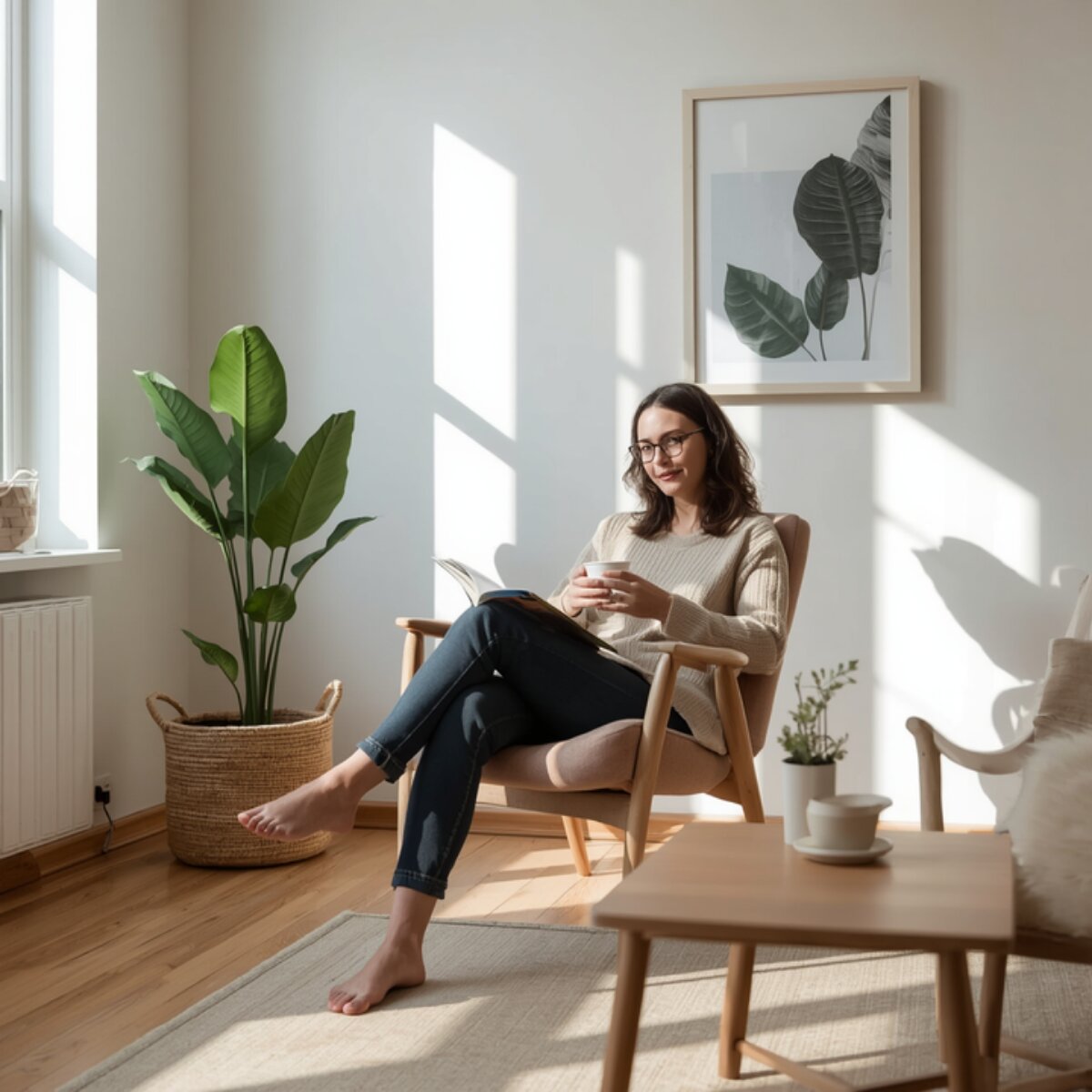 A professional reading with a coffee in a calm, sunlit room.