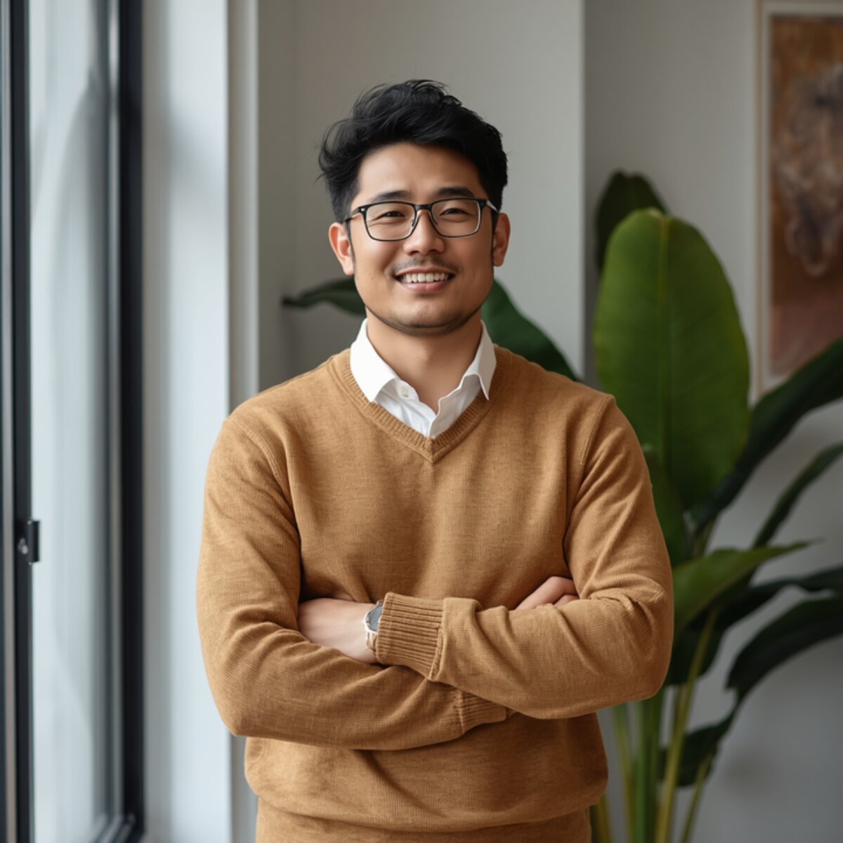 A professional standing by a window with a plant, arms crossed, smiling.