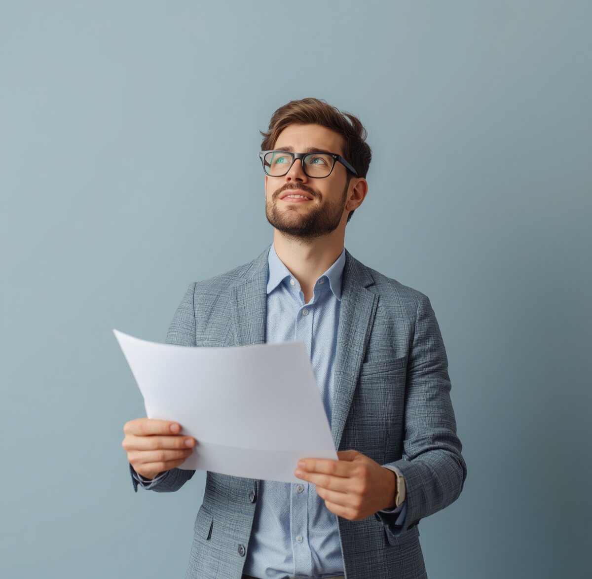 A professional in a blazer holding a document, looking up in thought.